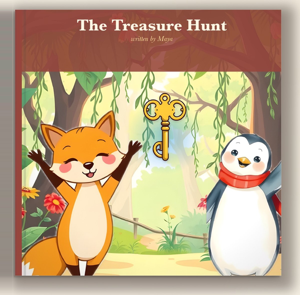 An 8 by 8 inch hardcover picture book called The Treasure Hunt, written by Maya