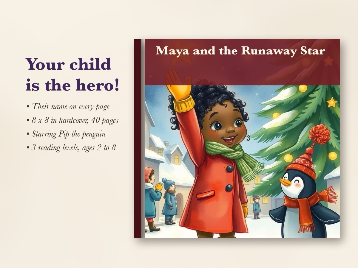 The hardcover of Maya and the Runaway Star: a girl in a red coat and a small penguin looking up at a glowing star over a snowy town