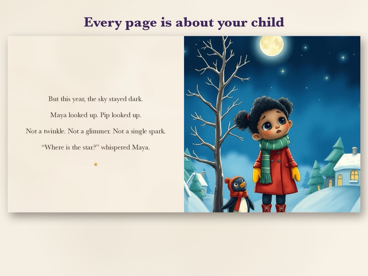 An inside spread: the hero and Pip the penguin following golden footprints through a snowy wood