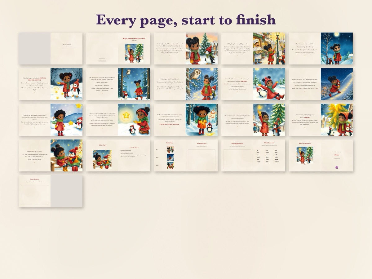 Pages from the book showing the child's name in the story text on every spread