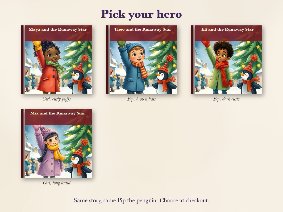 The four heroes to pick from: a girl with curly puffs, a boy with light brown hair, a boy with dark curls and a girl with a long braid