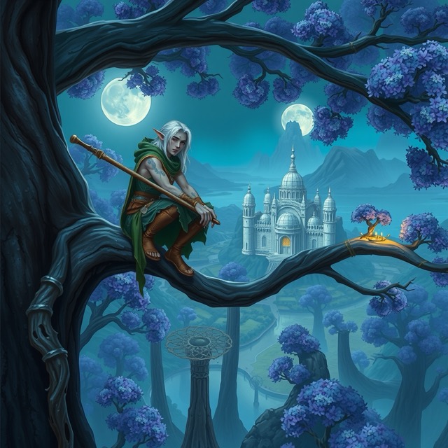 Cover of The Chronicle of Cassidy: a white-haired Night Elf seated on a bough above Darnassus