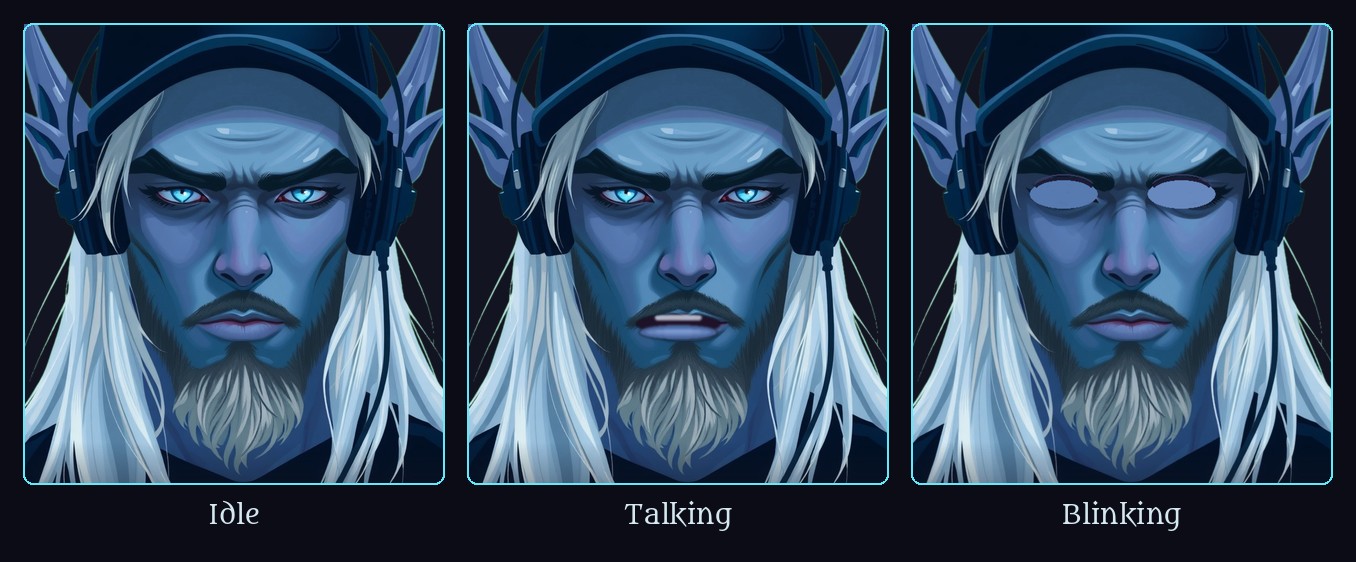 The same painted character in three states: idle with eyes open, talking with the mouth open, and blinking with the eyes closed